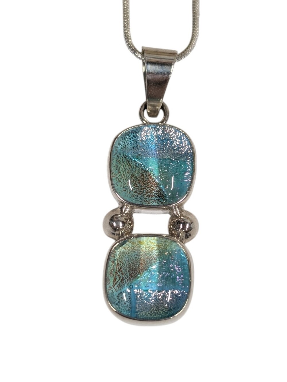 Dichroic Glass Pendant Teal Shimmer & Sterling Silver Handmade In Mexico